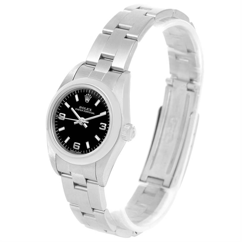 This image shows a Rolex Oyster Perpetual 76080 Women's Stainless Steel Black Dial 76080 Women's Stainless Steel Black Dial watch from a front angle, highlighting the dial, case, and bracelet.