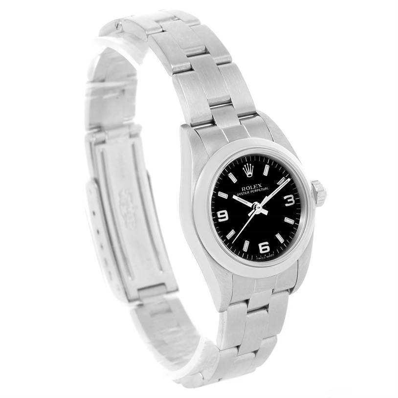 This Rolex Oyster Perpetual 76080 Women's Stainless Steel Black Dial 76080 Women's Stainless Steel Black Dial watch is shown at an angled view highlighting its black dial, stainless steel case, and bracelet.