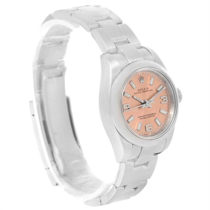 This Rolex Oyster Perpetual 176200 Women's Stainless Steel Pink Dial 176200 Women's Stainless Steel Pink Dial watch is shown at a 3/4 angle, highlighting its bracelet, case, and face.