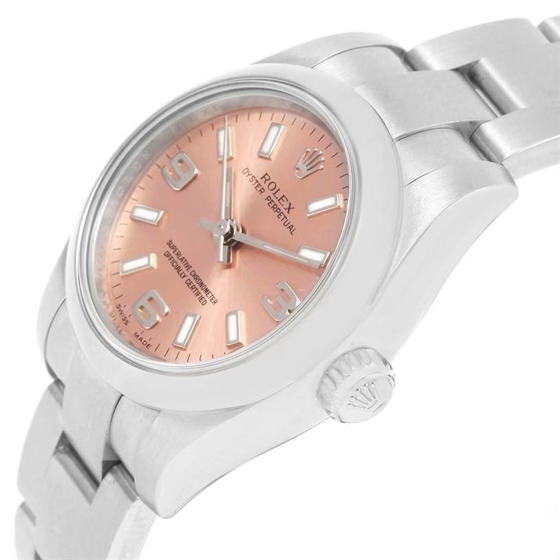 The Rolex Oyster Perpetual 176200 Women's Stainless Steel Pink Dial 176200 Women's Stainless Steel Pink Dial watch is shown at an angle highlighting the dial, crown, and part of the bracelet.