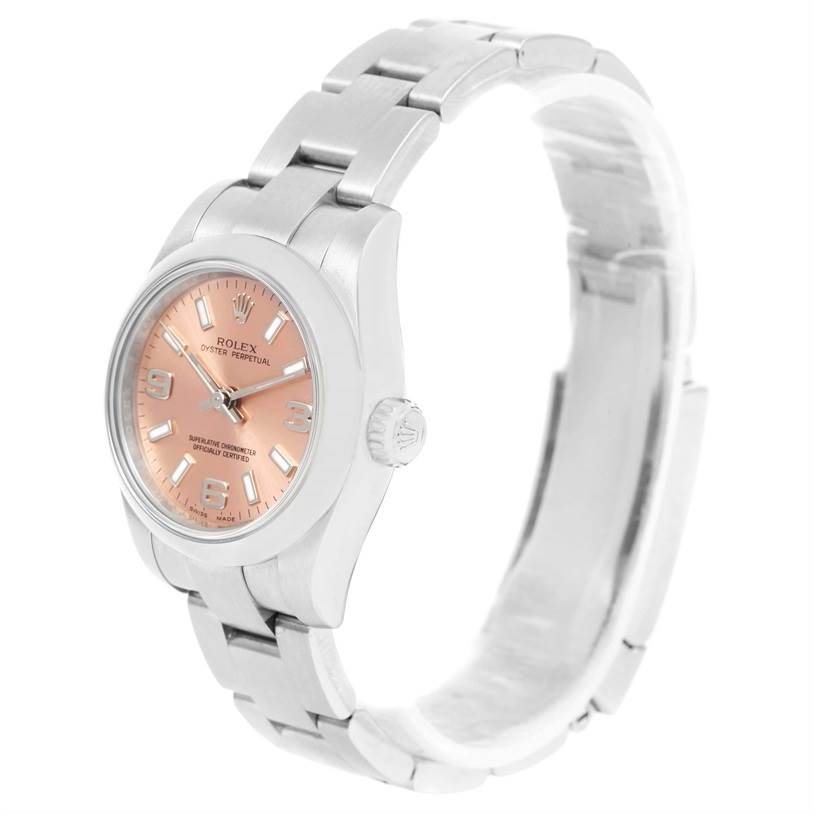 The image shows a Rolex Oyster Perpetual 176200 Women's Stainless Steel Pink Dial 176200 Women's Stainless Steel Pink Dial watch from a front-left angle, highlighting its bracelet, crown, and dial.