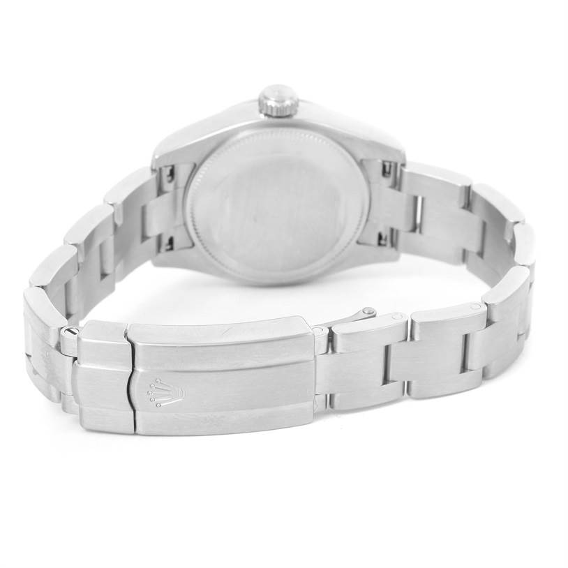 This image shows the back view of the Rolex Oyster Perpetual 176200 Women's Stainless Steel Pink Dial 176200 Women's Stainless Steel Pink Dial watch, highlighting the case back and clasp on the bracelet.