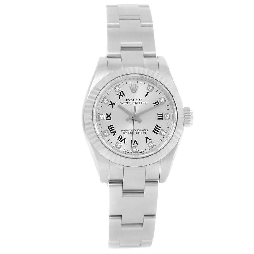 The image shows a front view of a Rolex Oyster Perpetual 176234 Women's Stainless Steel Grey Dial 176234 Women's Stainless Steel Grey Dial watch, highlighting its dial, markers, hands, case, and bracelet.
