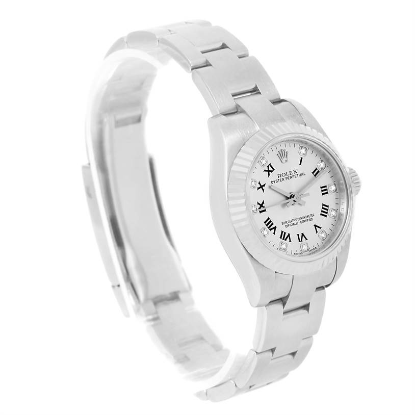 The Rolex Oyster Perpetual 176234 Women's Stainless Steel Grey Dial 176234 Women's Stainless Steel Grey Dial watch is shown at an angle, displaying its bracelet, case, dial, and fluted bezel.