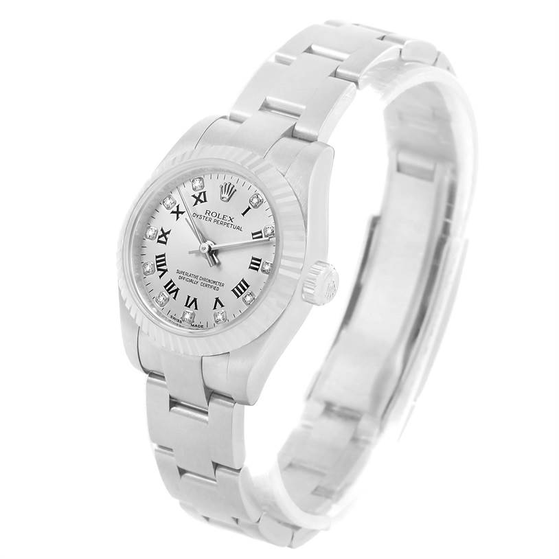 This Rolex Oyster Perpetual 176234 Women's Stainless Steel Grey Dial 176234 Women's Stainless Steel Grey Dial watch is shown at a three-quarters angle, displaying the face, bezel, crown, and bracelet.