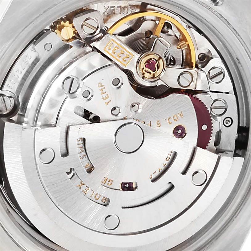 This image displays the intricate internal mechanics of a Rolex Oyster Perpetual 176234 Women's Stainless Steel Grey Dial 176234 Women's Stainless Steel Grey Dial watch, viewed from the back.