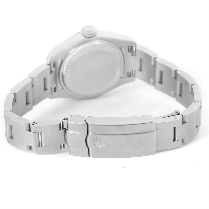 The image shows a rear view of the Rolex Oyster Perpetual 176234 Women's Stainless Steel Grey Dial 176234 Women's Stainless Steel Grey Dial watch, highlighting the clasp and the watch back.