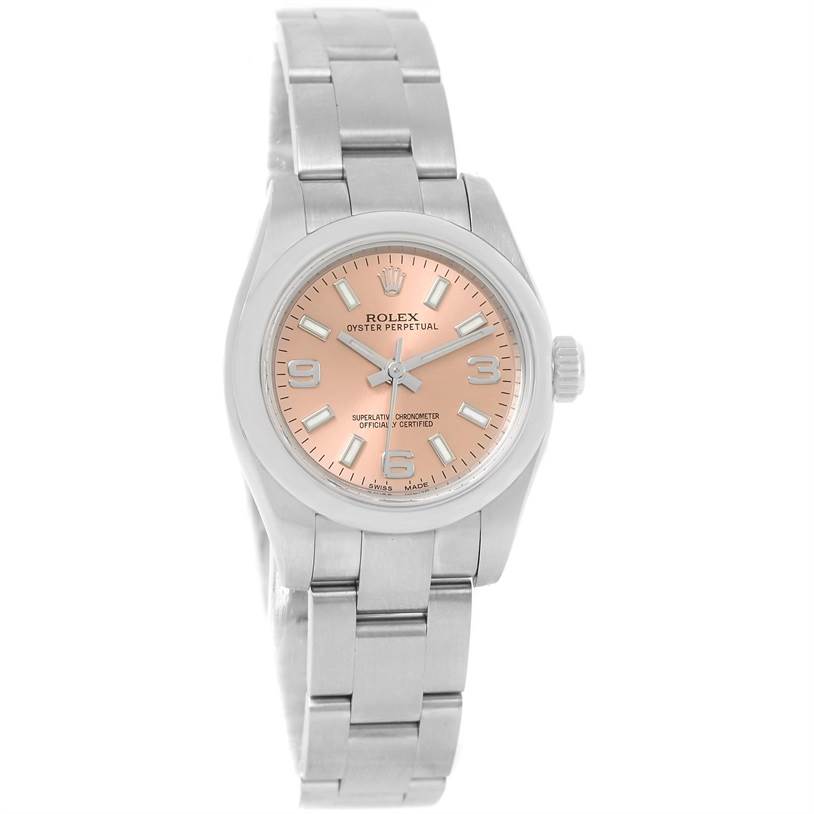 This Rolex Oyster Perpetual 176200 Men's Stainless Steel Pink Dial 176200 Men's Stainless Steel Pink Dial watch is shown from the front, displaying its face, dial, and bracelet.