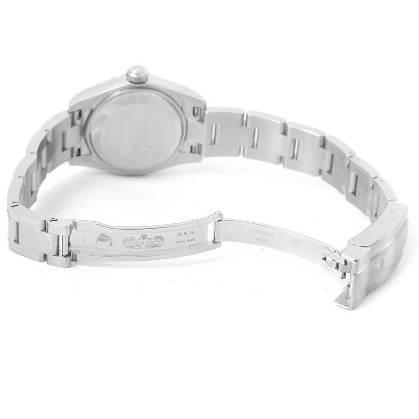 The image shows the Rolex Oyster Perpetual 176200 Men's Stainless Steel Pink Dial 176200 Men's Stainless Steel Pink Dial watch from the back with its clasp open and bracelet fully extended.