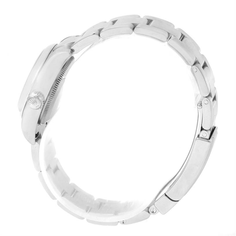 This image shows the side profile of the Rolex Oyster Perpetual 176200 Men's Stainless Steel Pink Dial 176200 Men's Stainless Steel Pink Dial watch, highlighting the case, crown, and bracelet.