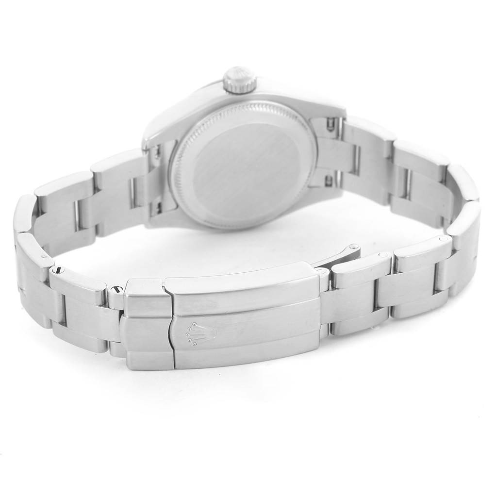 This image shows the rear case and clasp of the Rolex Oyster Perpetual 176234 Women
s Stainless Steel Black Dial 176234 Women
s Stainless Steel Black Dial watch at an angled rear view.