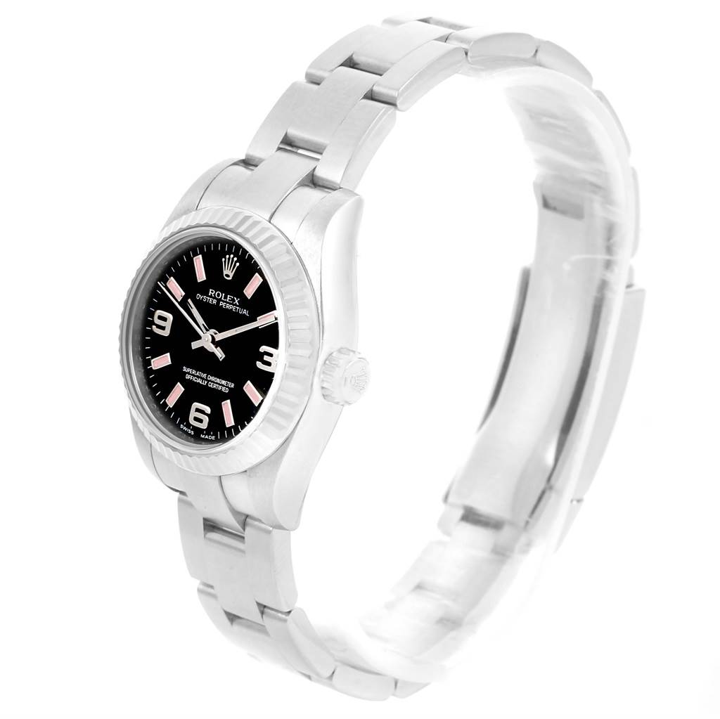 The image shows a side-angle view of a Rolex Oyster Perpetual 176234 Women
s Stainless Steel Black Dial 176234 Women
s Stainless Steel Black Dial watch, featuring its face, crown, and bracelet.