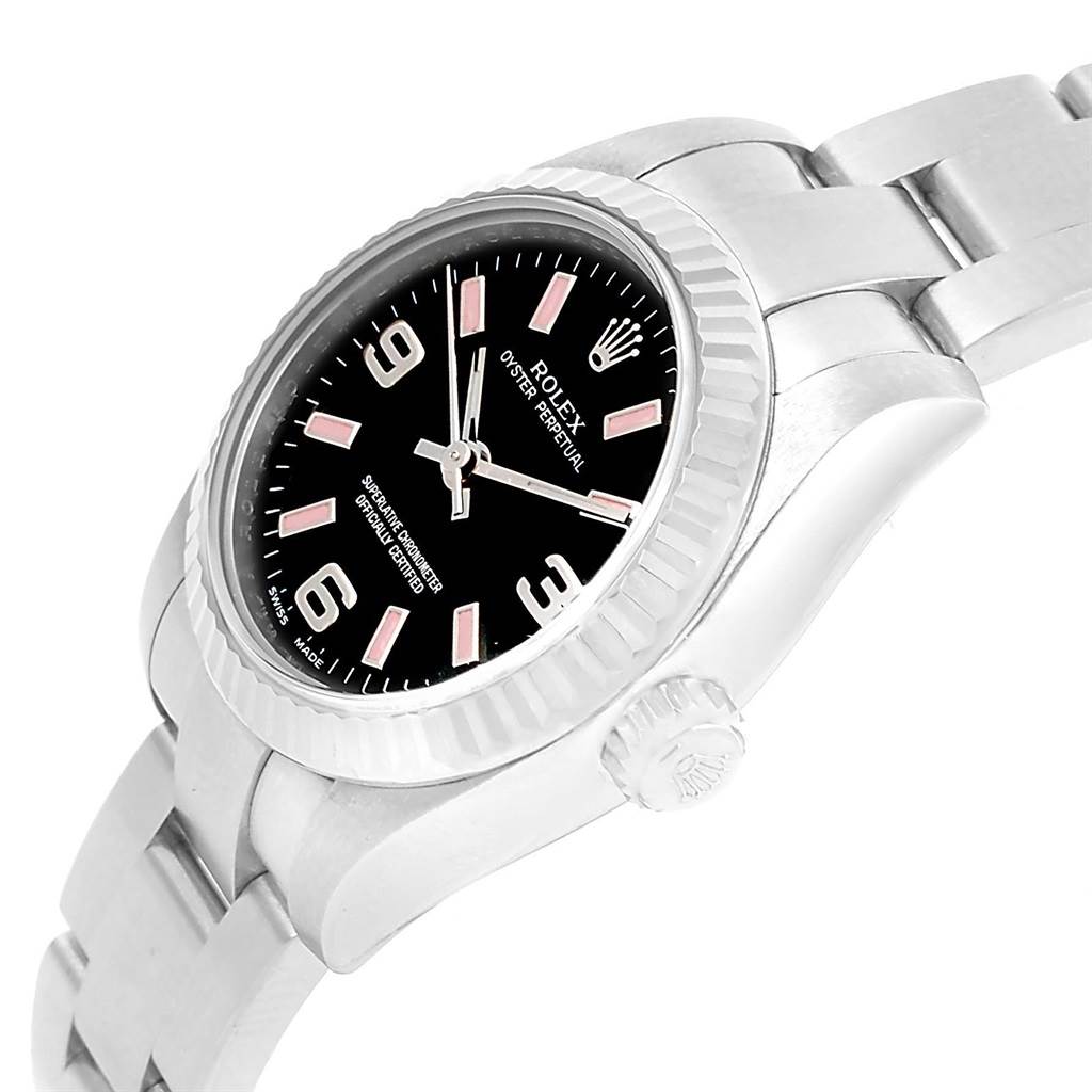 The image shows a side angle of the Rolex Oyster Perpetual 176234 Women
s Stainless Steel Black Dial 176234 Women
s Stainless Steel Black Dial watch, highlighting the face, crown, and part of the bracelet.