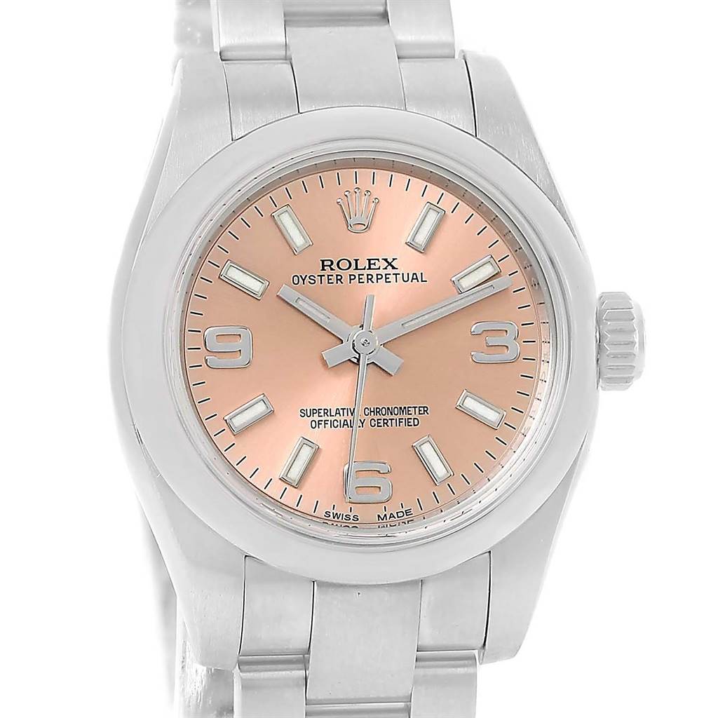 The image shows a Rolex Oyster Perpetual 176200 Women's Stainless Steel Pink Dial 176200 Women's Stainless Steel Pink Dial watch, displaying the face, crown, and part of the bracelet from a front view angle.