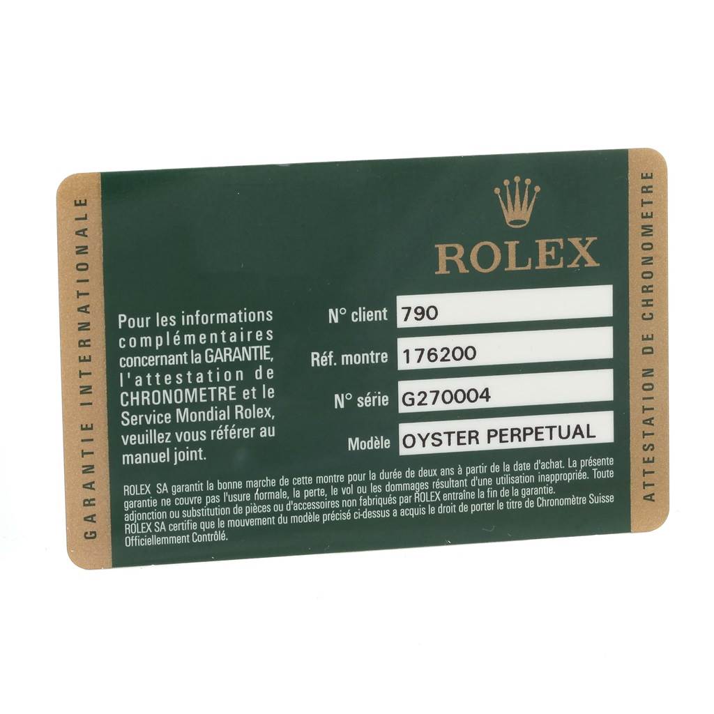 This image shows the warranty card for a Rolex Oyster Perpetual 176200 Women's Stainless Steel Pink Dial 176200 Women's Stainless Steel Pink Dial watch.