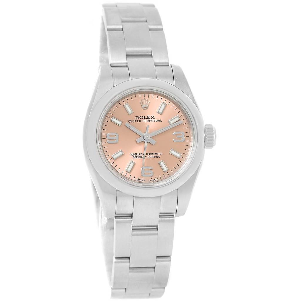 This Rolex Oyster Perpetual 176200 Women's Stainless Steel Pink Dial 176200 Women's Stainless Steel Pink Dial watch is shown from a frontal angle, highlighting its dial, bracelet, and crown.