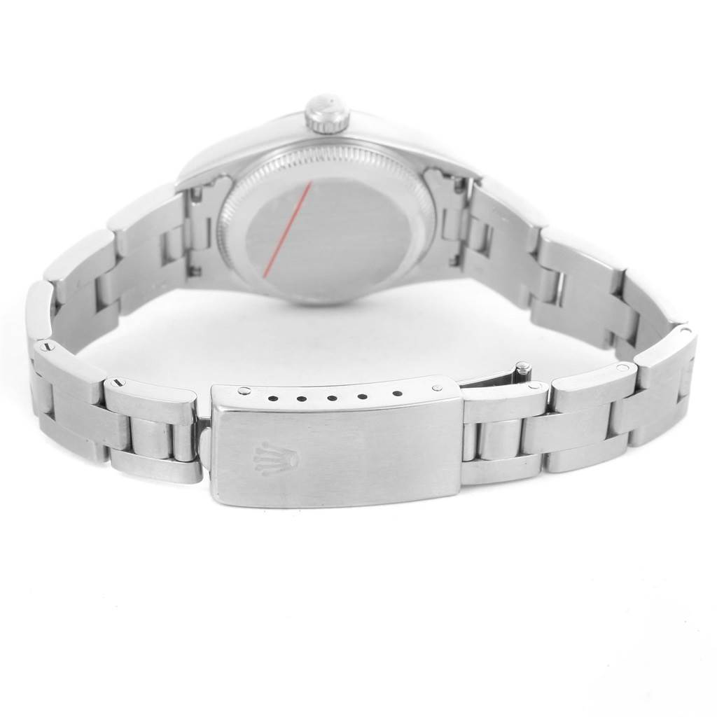 The image shows the back view of the Rolex Oyster Perpetual 76080 Women
s Stainless Steel Blue Dial 76080 Women
s Stainless Steel Blue Dial watch, highlighting the clasp and bracelet.