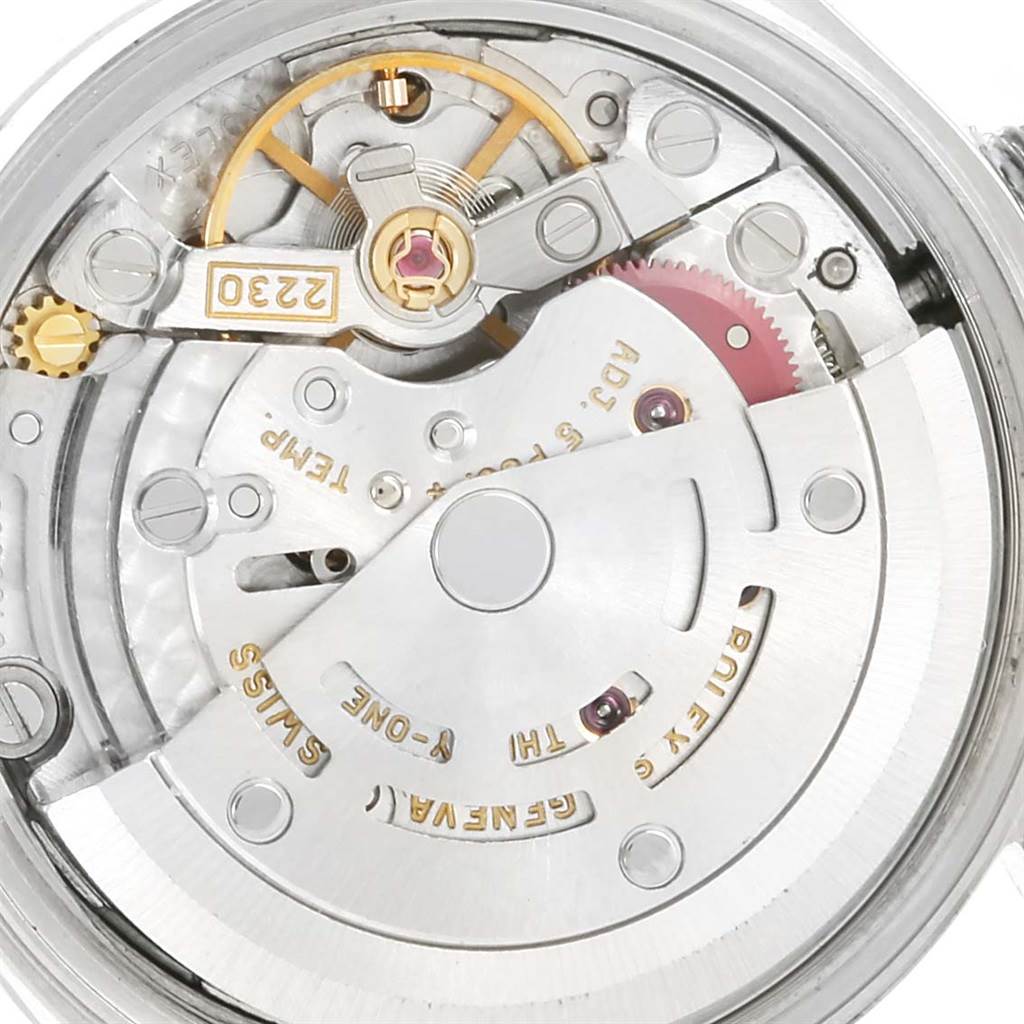 The image shows the mechanical movement of a Rolex Oyster Perpetual 76080 Women
s Stainless Steel Blue Dial 76080 Women
s Stainless Steel Blue Dial watch from a top-down perspective.