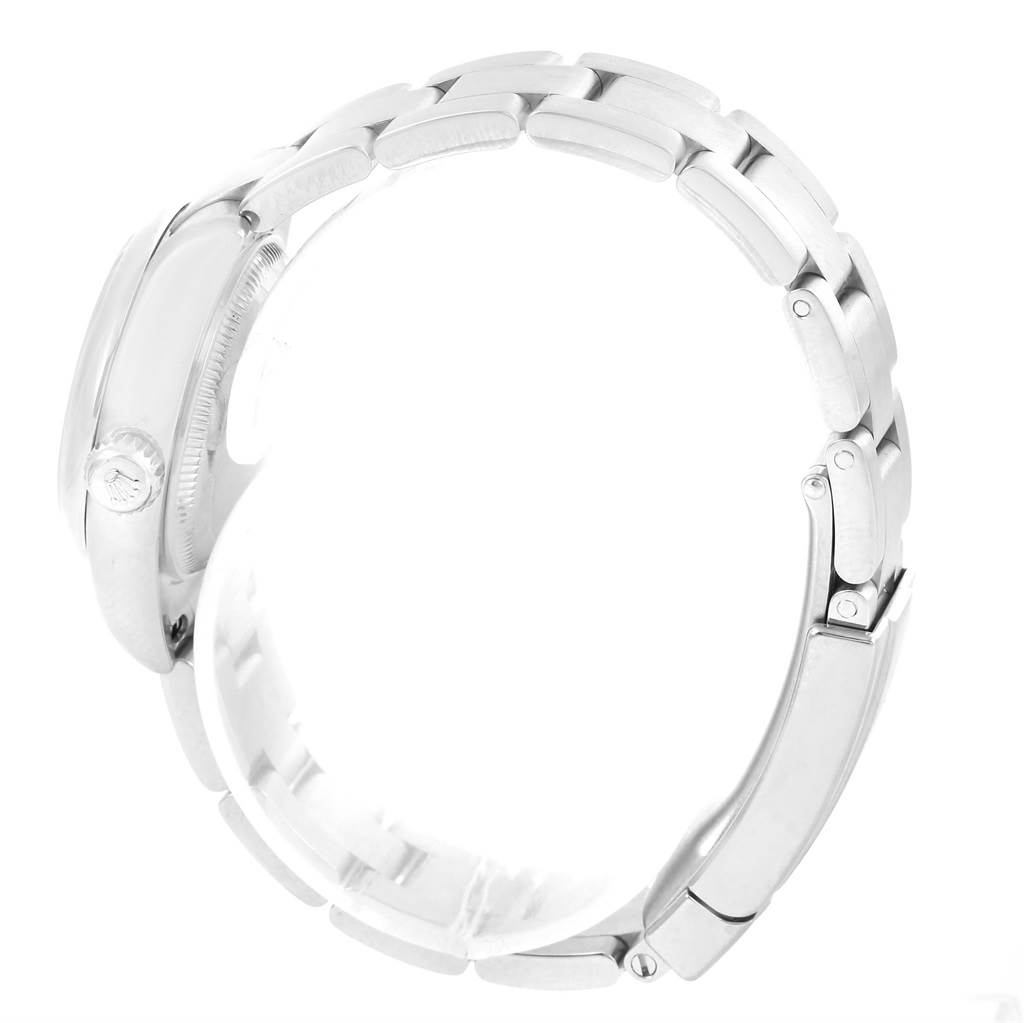 The image shows a side view of the Rolex Oyster Perpetual 176200 Women
s Stainless Steel Silver Dial 176200 Women
s Stainless Steel Silver Dial watch, highlighting the case side, crown, and part of the bracelet.