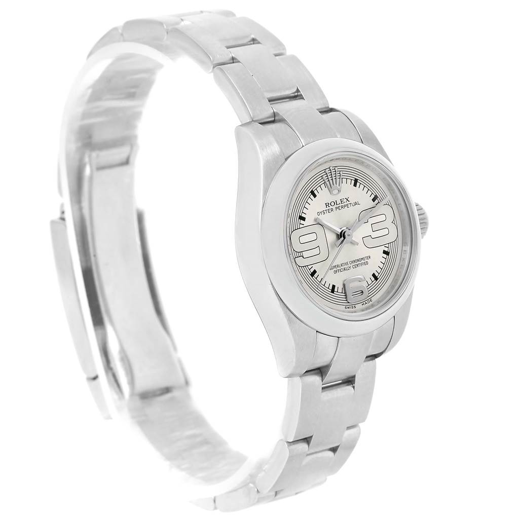 The Rolex Oyster Perpetual 176200 Women
s Stainless Steel Silver Dial 176200 Women
s Stainless Steel Silver Dial watch is shown from a front and side angle, highlighting its bracelet and dial.