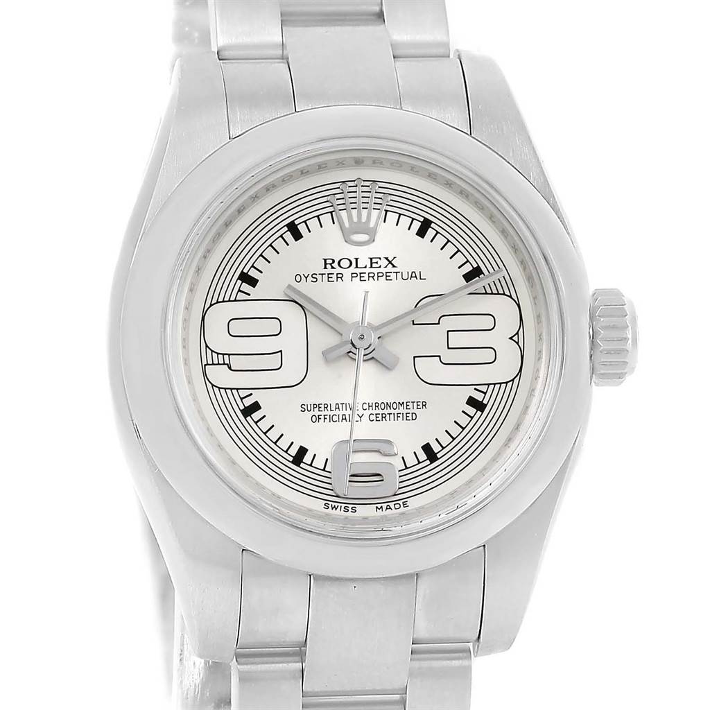 The image shows a front view of a Rolex Oyster Perpetual 176200 Women
s Stainless Steel Silver Dial 176200 Women
s Stainless Steel Silver Dial watch, highlighting the dial, hands, crown, and bracelet.