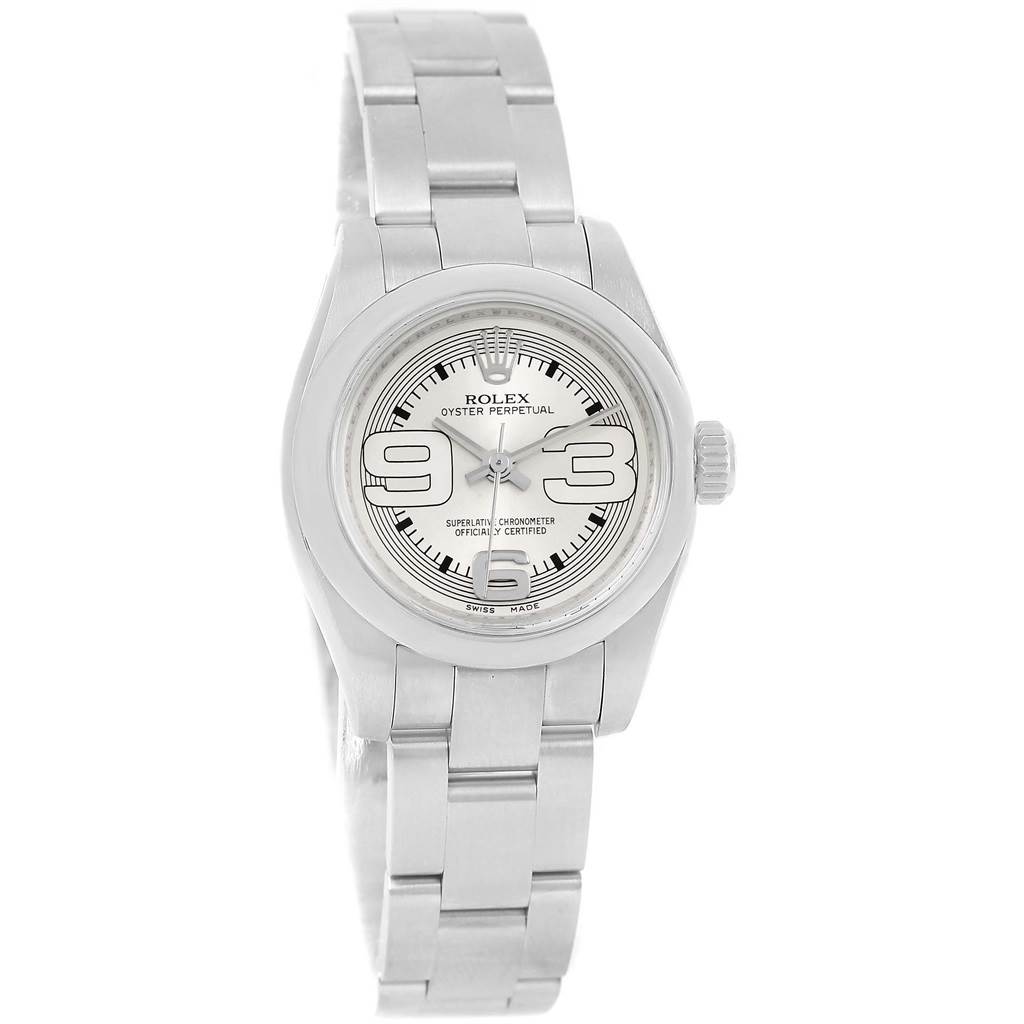 The image shows a front view of a Rolex Oyster Perpetual 176200 Women
s Stainless Steel Silver Dial 176200 Women
s Stainless Steel Silver Dial watch, displaying the face, bezel, and bracelet.