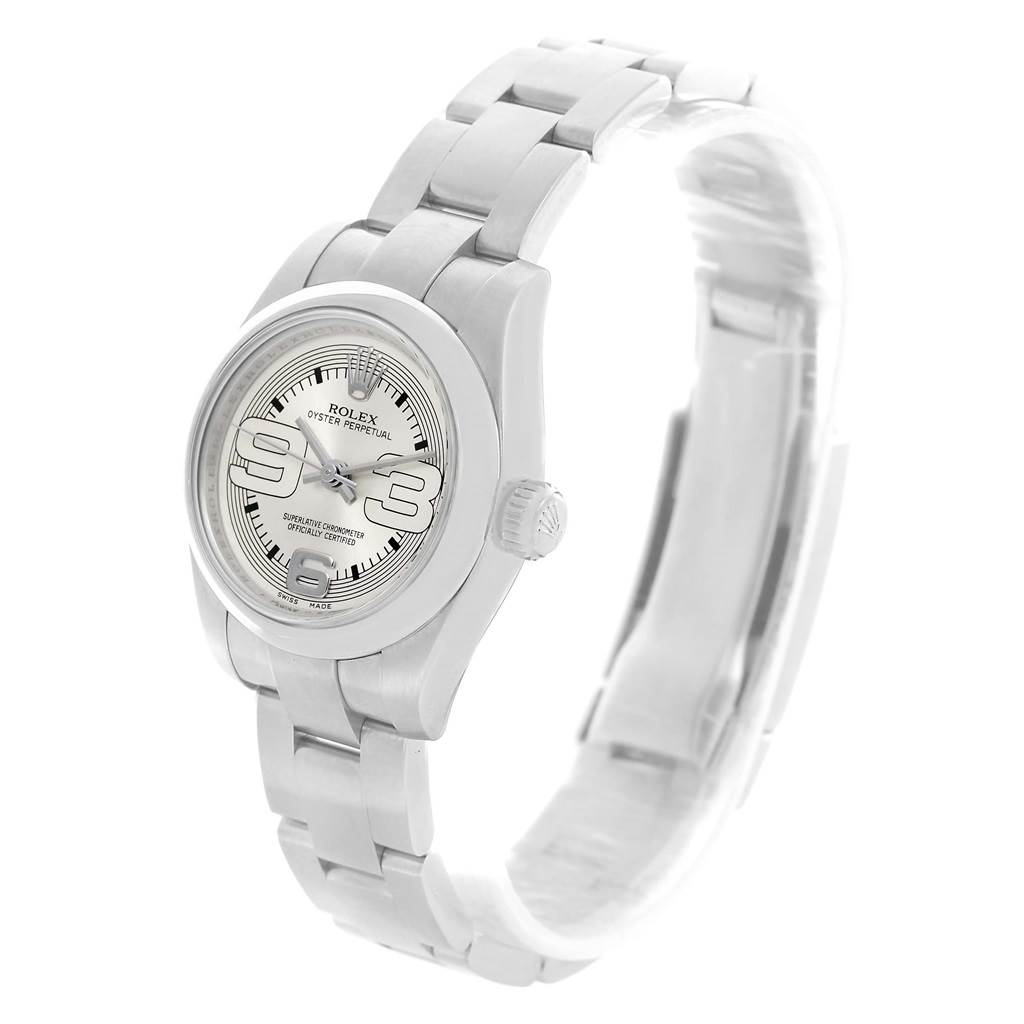 The image shows a Rolex Oyster Perpetual 176200 Women
s Stainless Steel Silver Dial 176200 Women
s Stainless Steel Silver Dial watch at a three-quarter angle, highlighting its face, bezel, case, and bracelet.