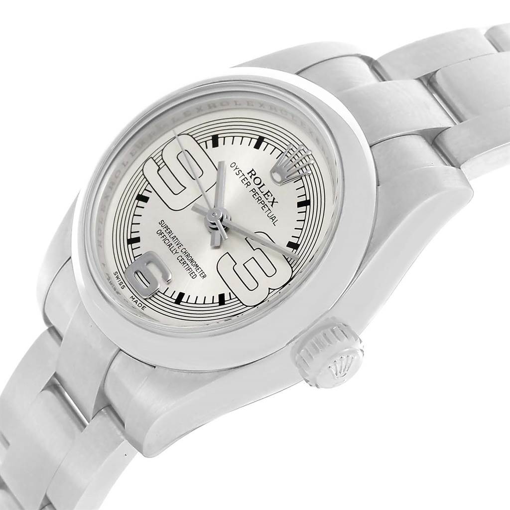 The image shows a close-up angled view of a Rolex Oyster Perpetual 176200 Women
s Stainless Steel Silver Dial 176200 Women
s Stainless Steel Silver Dial watch, highlighting its dial, bezel, crown, and bracelet.