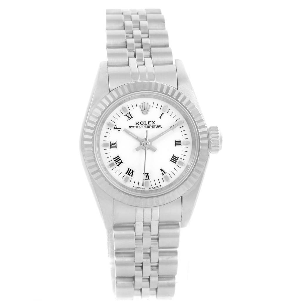 The image shows a front angle of a Rolex Oyster Perpetual 67194 Women's Stainless Steel White Dial 67194 Women's Stainless Steel White Dial watch, highlighting the dial, bezel, and bracelet.