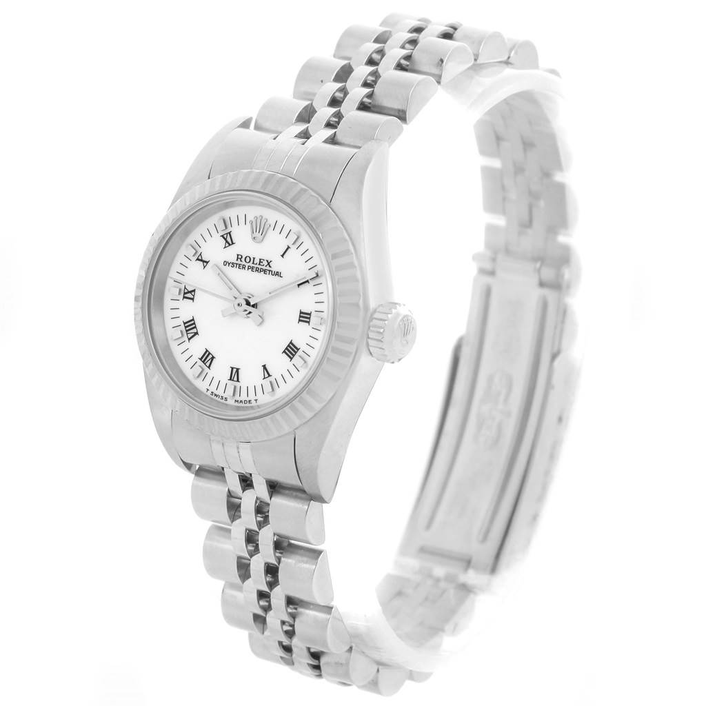 This image shows a Rolex Oyster Perpetual 67194 Women's Stainless Steel White Dial 67194 Women's Stainless Steel White Dial watch at a three-quarter angle, highlighting the watch face, bezel, crown, and bracelet.