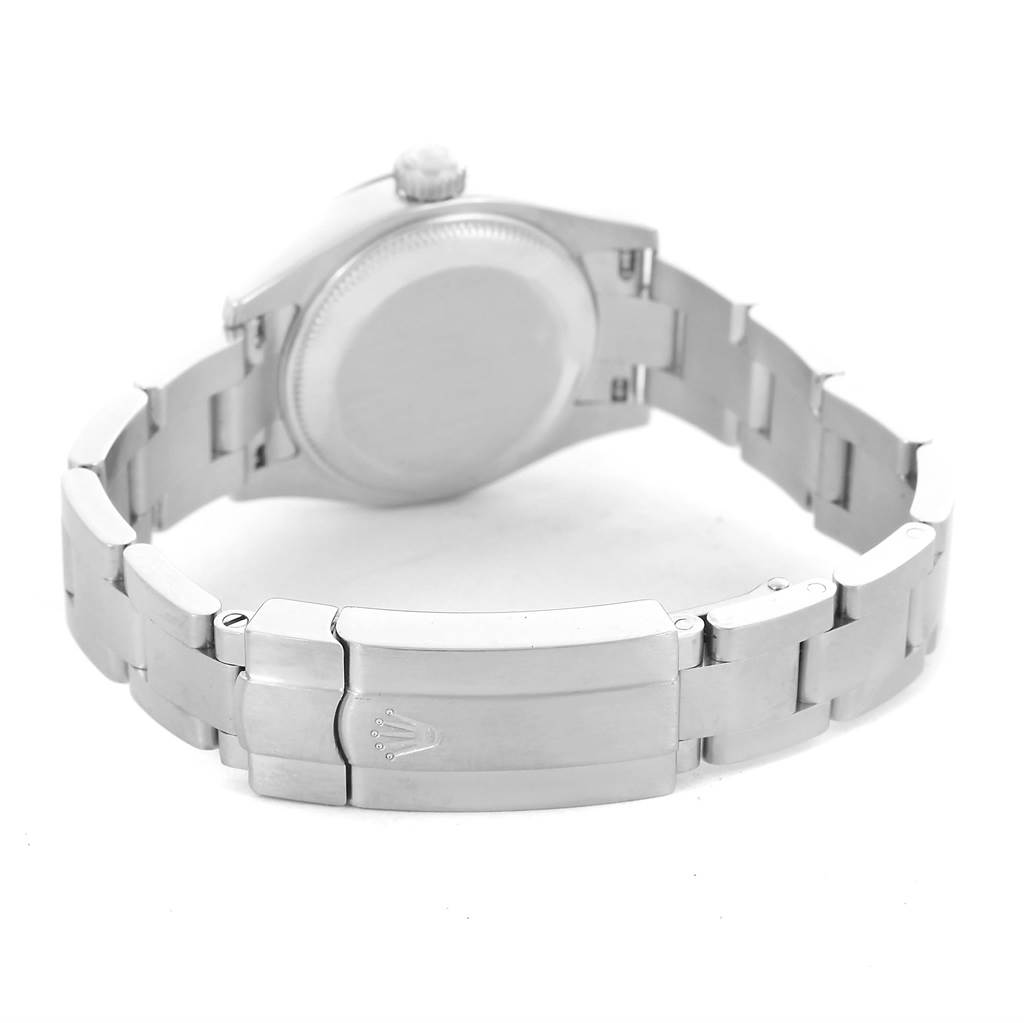 The image shows the back view of a Rolex Oyster Perpetual 176200 Women
s Stainless Steel White Dial 176200 Women
s Stainless Steel White Dial watch, highlighting its bracelet and clasp.