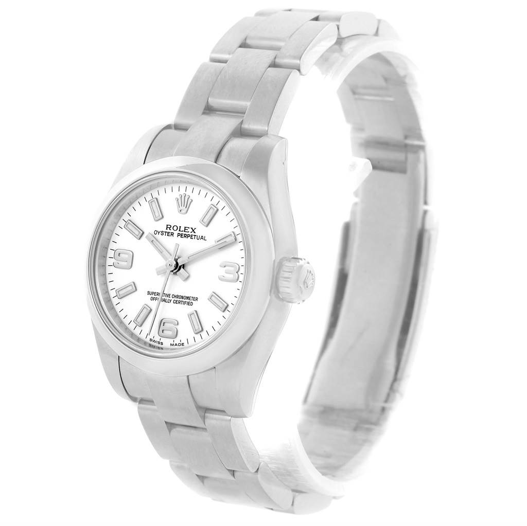 The Rolex Oyster Perpetual 176200 Women
s Stainless Steel White Dial 176200 Women
s Stainless Steel White Dial watch is shown at an angle displaying the face, bracelet, and crown.