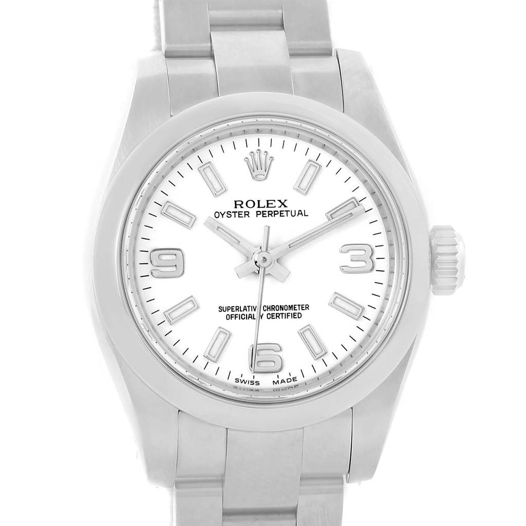 This image displays a front view of a Rolex Oyster Perpetual 176200 Women
s Stainless Steel White Dial 176200 Women
s Stainless Steel White Dial watch, showing its dial, bezel, case, crown, and part of the bracelet.