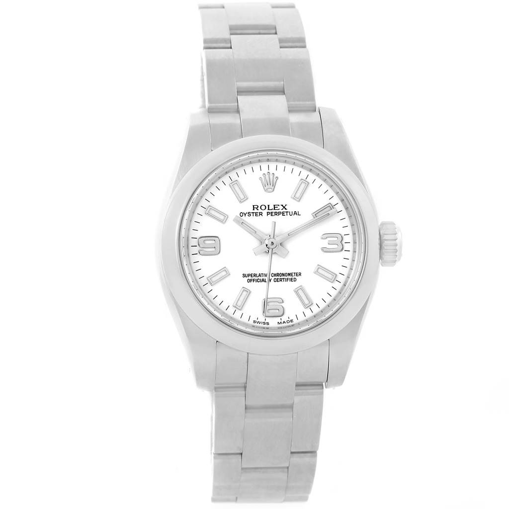 The image shows a frontal view of a Rolex Oyster Perpetual 176200 Women
s Stainless Steel White Dial 176200 Women
s Stainless Steel White Dial watch, displaying the dial, case, and bracelet.