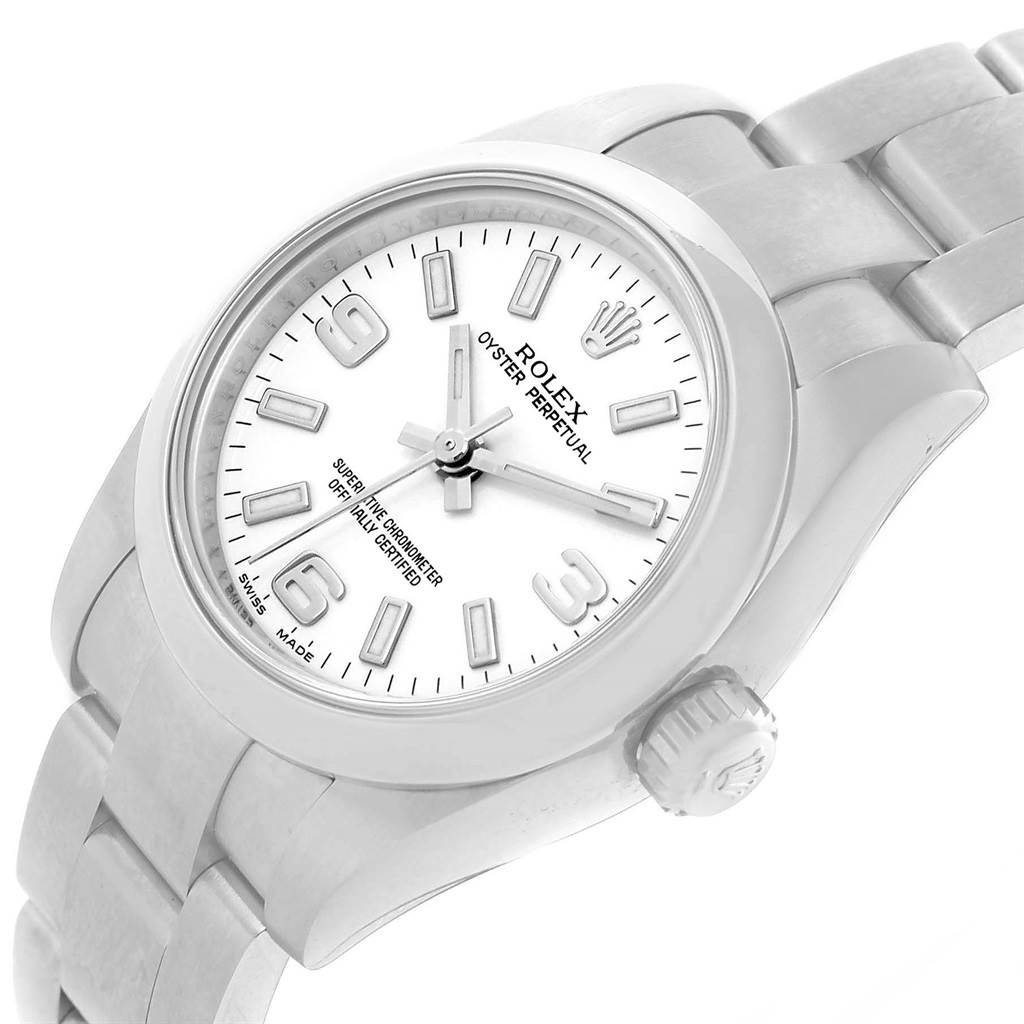 This image shows a Rolex Oyster Perpetual 176200 Women
s Stainless Steel White Dial 176200 Women
s Stainless Steel White Dial watch at an angle highlighting the dial, crown, and part of the bracelet.