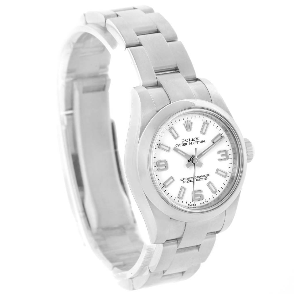 The image shows a Rolex Oyster Perpetual 176200 Women
s Stainless Steel White Dial 176200 Women
s Stainless Steel White Dial watch from an angled side view, highlighting its stainless steel bracelet and white dial.