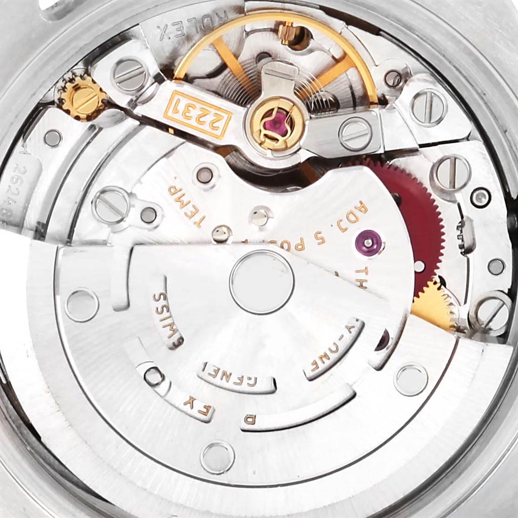 This close-up image shows the inner mechanical components of a Rolex Oyster Perpetual 176200 Women
s Stainless Steel White Dial 176200 Women
s Stainless Steel White Dial watch.