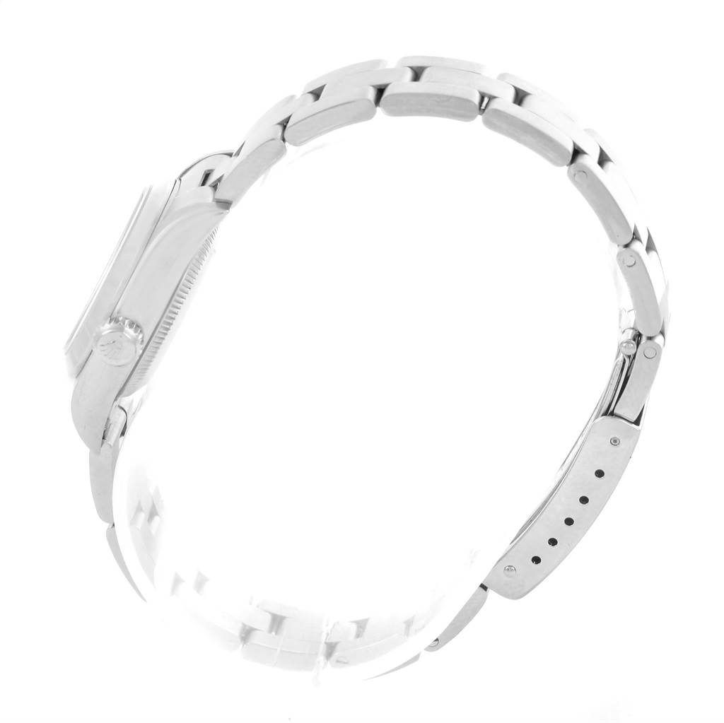 The image shows a side view of the Rolex Oyster Perpetual 67180 Men
s Stainless Steel Blue Dial 67180 Men
s Stainless Steel Blue Dial watch, highlighting its case, crown, and bracelet.