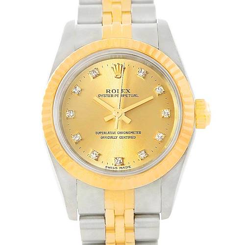 Photo of Rolex NonDate Ladies Steel Yellow Gold Diamond Watch 76193 Box Papers