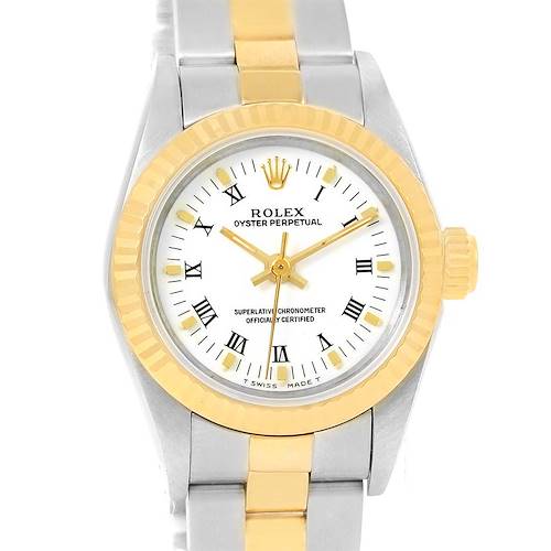 Photo of Rolex NonDate Steel 18k Yellow Gold White Dial Ladies Watch 67193