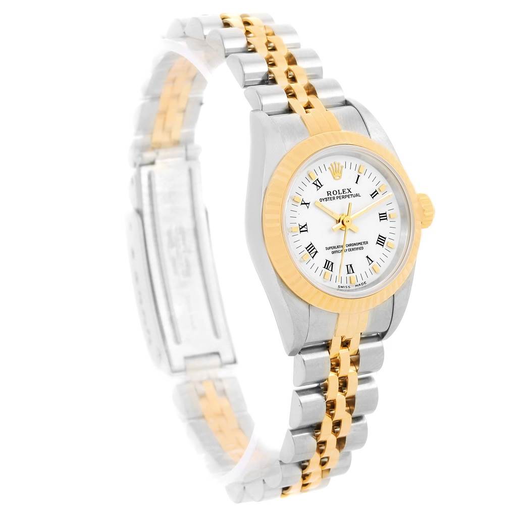 The image shows a Rolex Oyster Perpetual 76193 Women's Steel and Gold (two tone) White Dial 76193 Women's Steel and Gold (two tone) White Dial watch from an angled side view, highlighting its two-tone metal bracelet.