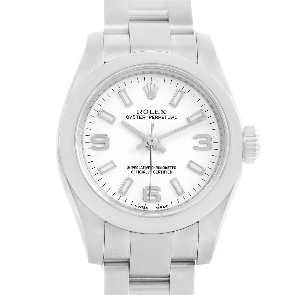The image shows a front view of a Rolex Oyster Perpetual 176200 Women's Stainless Steel White Dial 176200 Women's Stainless Steel White Dial watch, displaying its dial, hands, crown, and part of the bracelet.