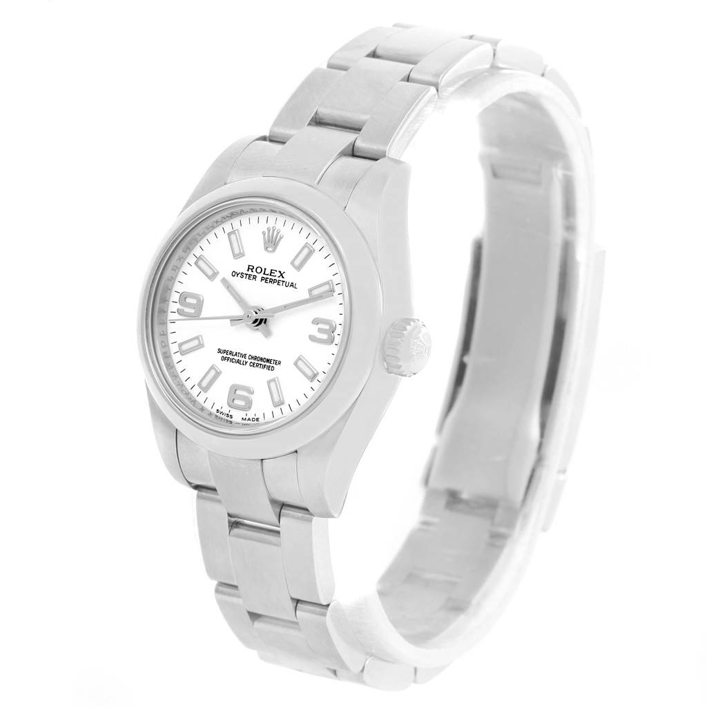 The Rolex Oyster Perpetual 176200 Women's Stainless Steel White Dial 176200 Women's Stainless Steel White Dial watch is shown at a three-quarter angle, displaying the face, bezel, crown, and bracelet.
