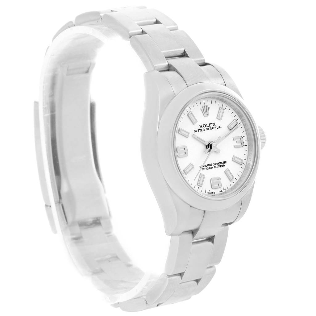 The image shows a Rolex Oyster Perpetual 176200 Women's Stainless Steel White Dial 176200 Women's Stainless Steel White Dial watch from a front-left angle, highlighting its face and part of the bracelet.