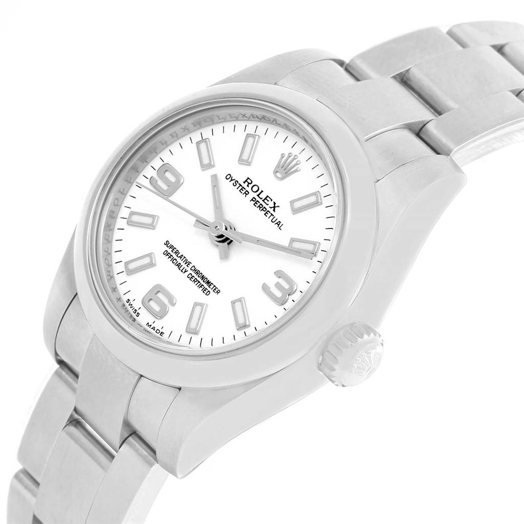 The image shows a Rolex Oyster Perpetual 176200 Women's Stainless Steel White Dial 176200 Women's Stainless Steel White Dial watch from a side angle, highlighting its face, crown, and part of the bracelet.