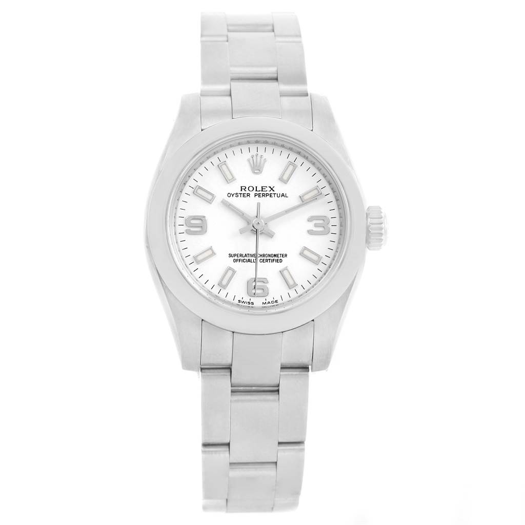 This image shows a frontal view of a Rolex Oyster Perpetual 176200 Women's Stainless Steel White Dial 176200 Women's Stainless Steel White Dial watch, highlighting the dial, bracelet, and bezel.