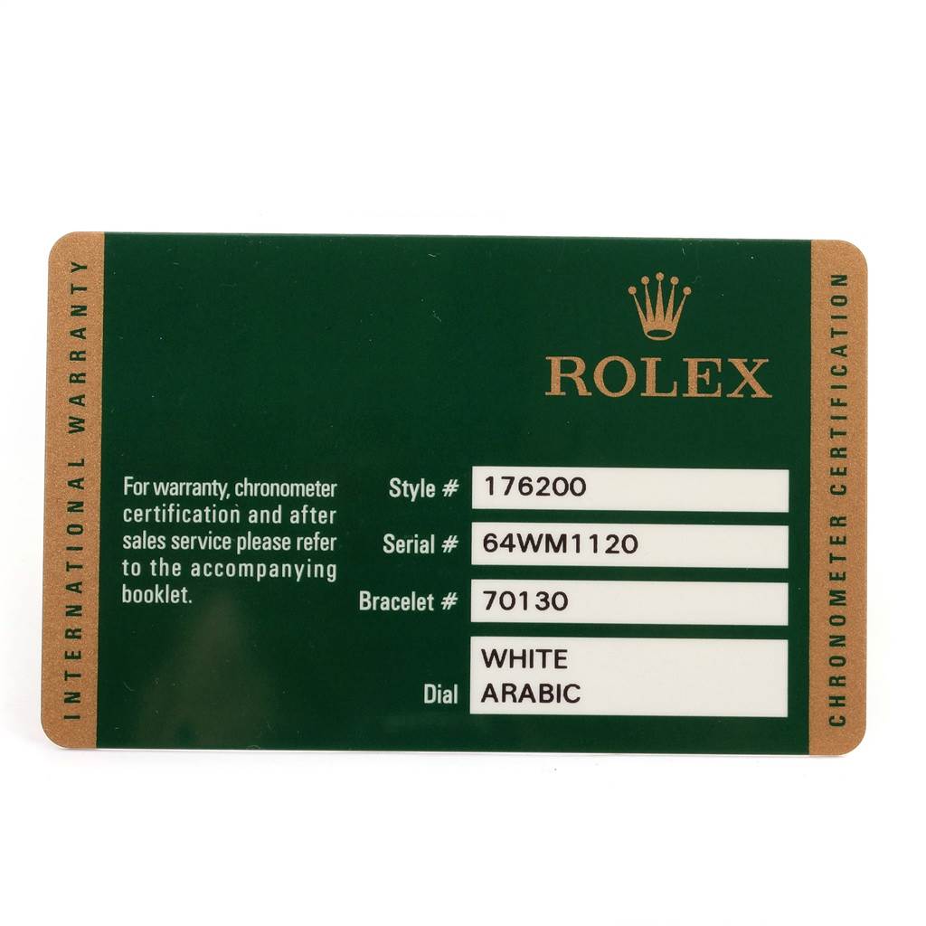 The image shows a warranty card for a Rolex Oyster Perpetual 176200 Women's Stainless Steel White Dial 176200 Women's Stainless Steel White Dial watch detailing style, serial, bracelet, and dial information.