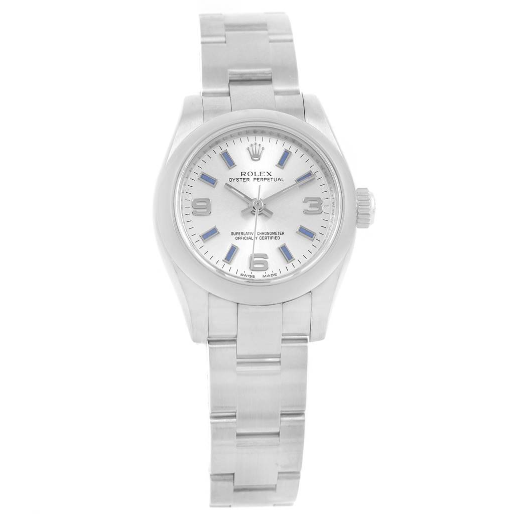 This is a front view of a Rolex Oyster Perpetual 176200 Women
s Stainless Steel Silver Dial 176200 Women
s Stainless Steel Silver Dial watch, showing the dial, bezel, and bracelet.