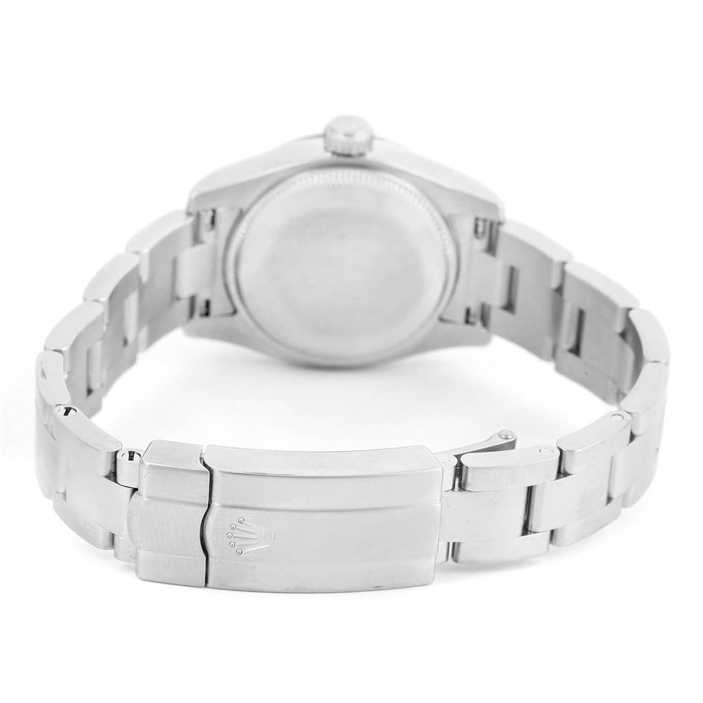 This image shows the back and clasp of a Rolex Oyster Perpetual 176200 Women
s Stainless Steel Silver Dial 176200 Women
s Stainless Steel Silver Dial watch from a rear angle.
