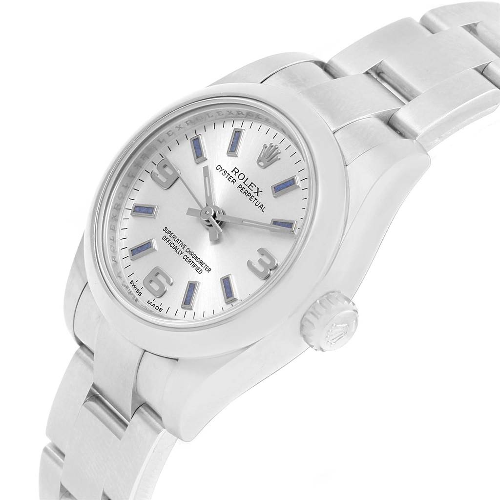 The image shows a side-angle view of a Rolex Oyster Perpetual 176200 Women
s Stainless Steel Silver Dial 176200 Women
s Stainless Steel Silver Dial watch, highlighting the face, bezel, and part of the bracelet.